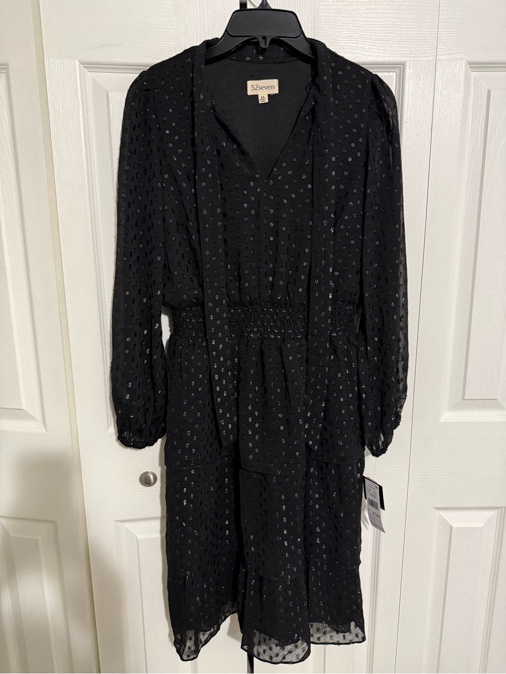 52seven Black Sheer Long-Sleeve Smocked Waist Midi Dress